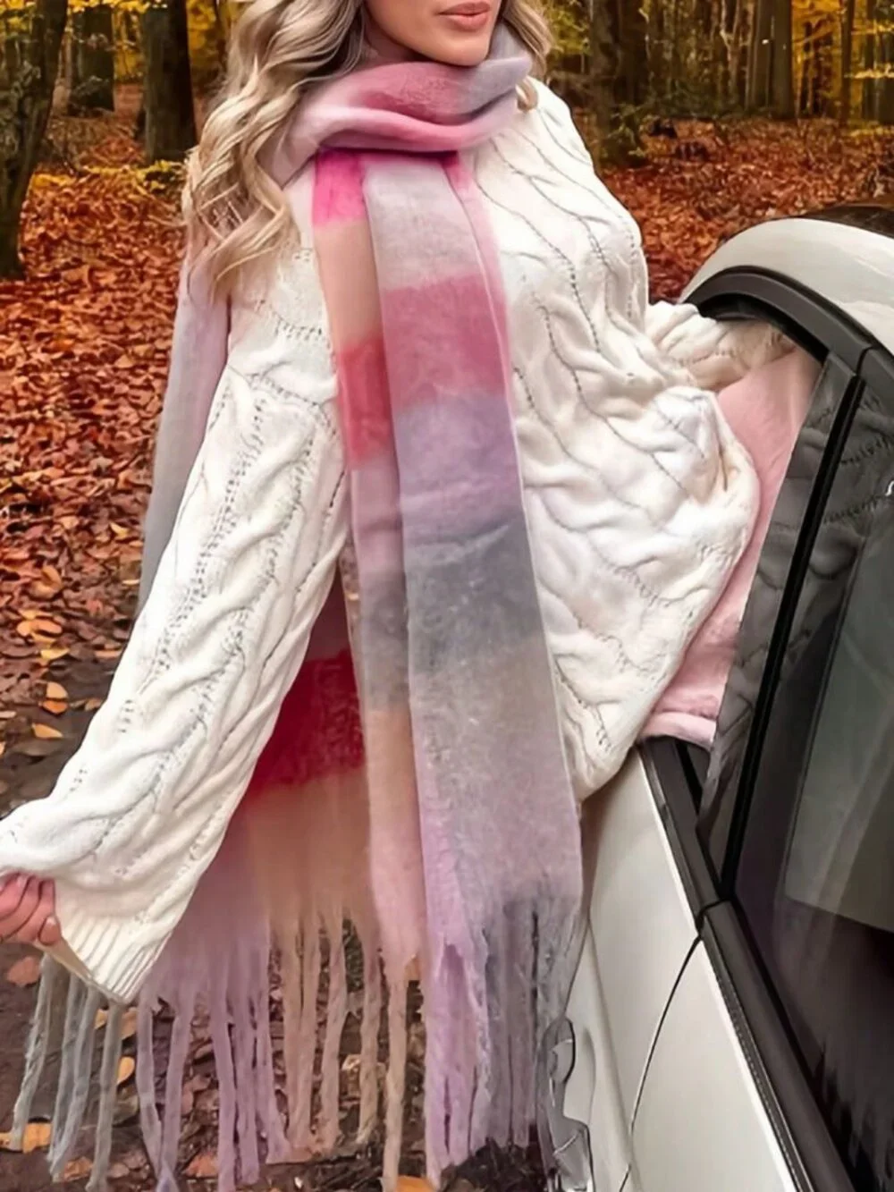 Cozy warm Pink Women's Striped Plaid tassel detail Soft oblong Shawl scarf
